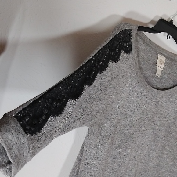 Gray Sweatshirt like Top with Black Lace going down each sleeve - Picture 4 of 11